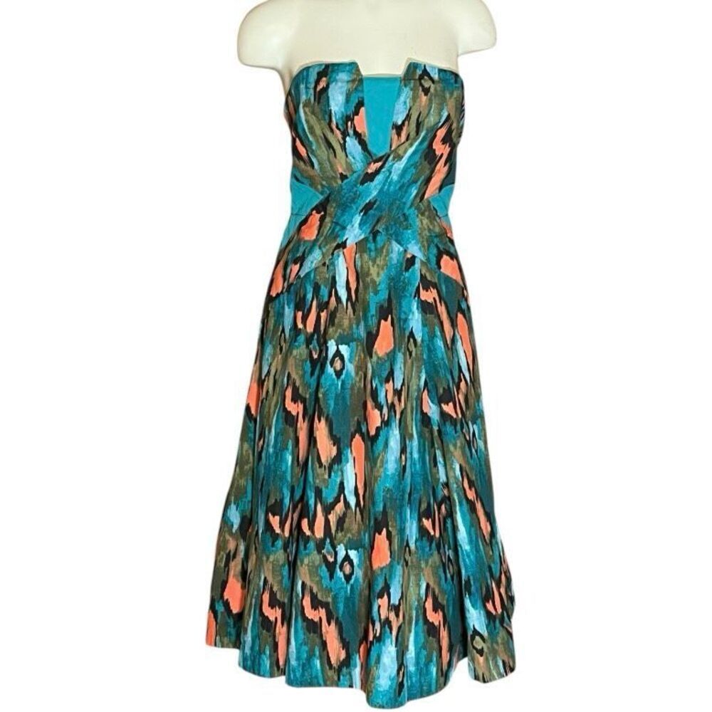 Anthropologie Girls From Savoy Teal Ikat Strapless‎ Dress Sourhwestern Print